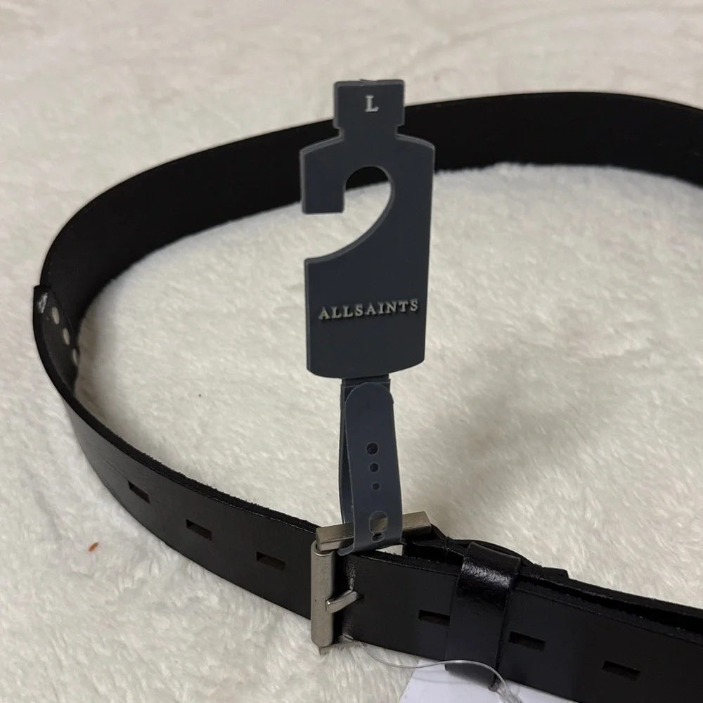 AllSaints Women’s Geometric Silver Studded Black Leather Belt - Sz Large, NWT